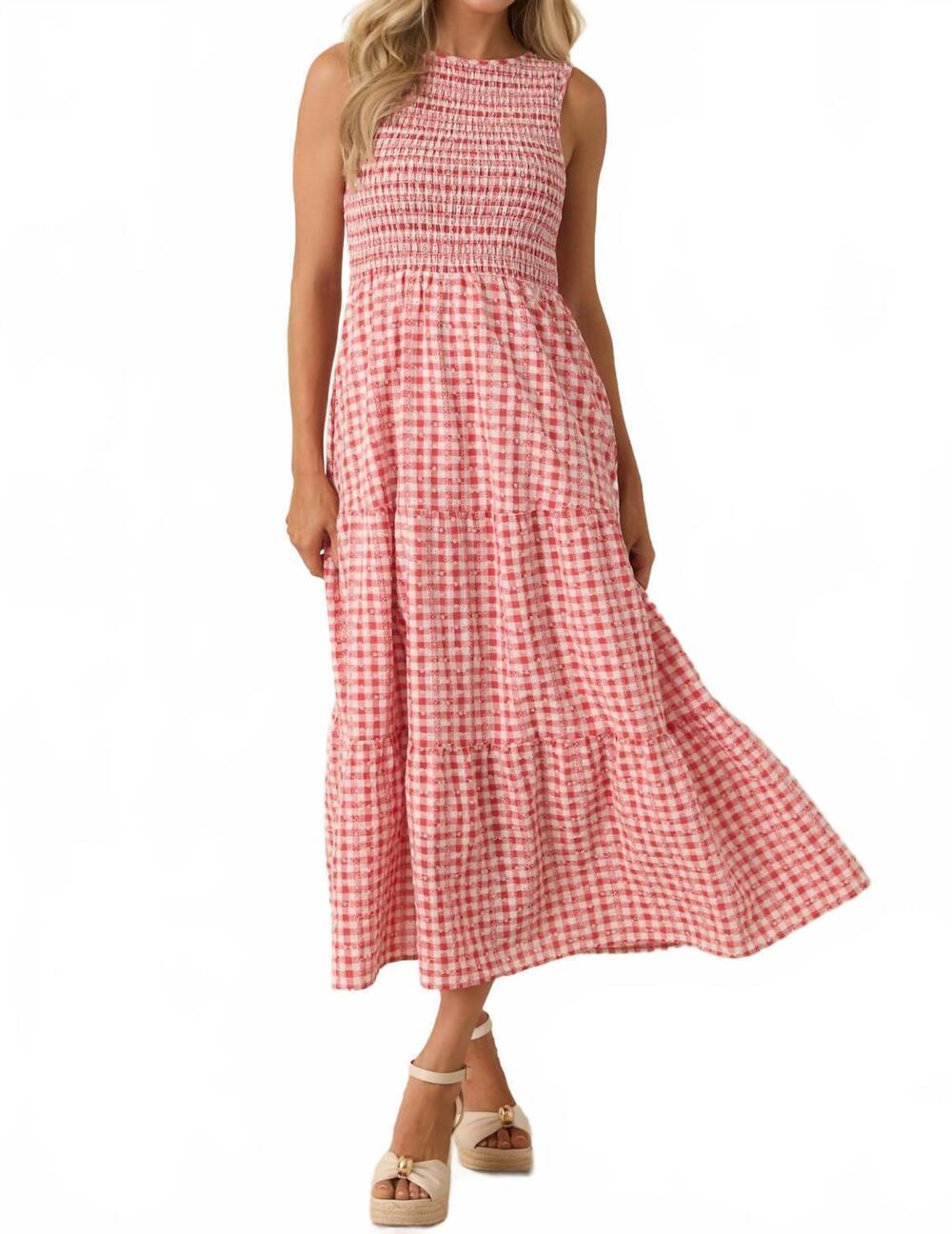 NEW THML picnic promises gingham eyelet cotton midi dress in red white